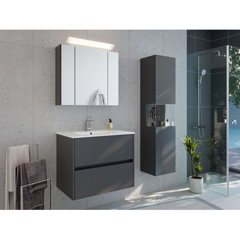 Badmöbelset Taifun 70cm 3tlg mit Spiegelschrank und Seitenschrank grafit
