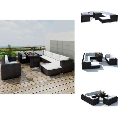 10-tlg. Garten-Lounge-Set mit Auflagen Poly Rattan Schwarz - Gartensitzgarnitur - Loungesessel - Rattan Gartenmöbel - Outdoor Möbel - Poolparty Dekoration (1/5)