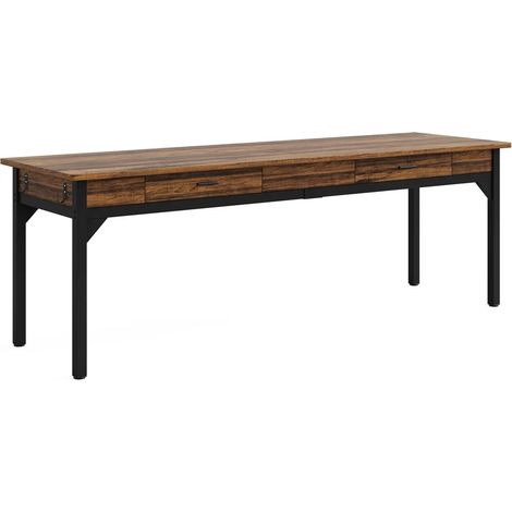 Bureau double en bois pour deux personnes avec rangement et cadre métallique, 200 x 60 x 82 cm, brun rustique (1/5)