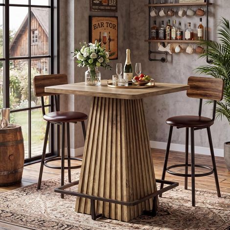 Tribesigns Table de Bar en Bois, 80 x 80 x 95 cm, Tables Bar Haute avec Repose-Pieds en métal, Table de Cuisine Multifonction, Meuble de Bar et Bistro pour Cuisine, Salle à Manger et Salon, Marron (1/5)
