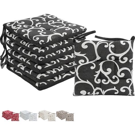 Set 6 cuscini per sedie a 4 punti con lacci - Misura 40x40 cm - Imbottitura in poliestere e rivestimento in cotone e poliestere - Nero con Fantasia