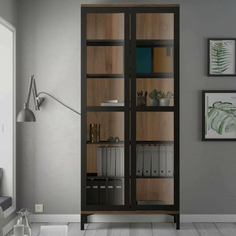 Dmora - Vitrine Hudhud, Glas-Sideboard, Mehrzweckvitrine, Hängendes Bücherregal mit Glastüren, 89x36 h203 cm, Schwarz und Walnuss (1/5)