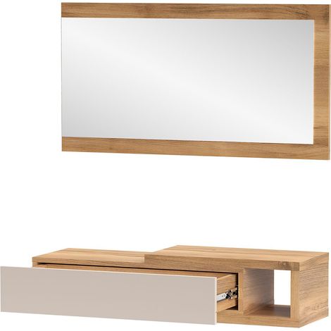 Console meuble d'entrée avec 1 tiroir et miroir coloris Beige/chêne Mauvella - Longueur 91,5 x Hauteur 70 x Profondeur 26 cm (1/3)