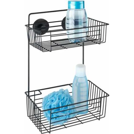 WENKO Mensola da parete per bagno Bari senza foratura, con 2 cestini per doccia fissati senza foratura "Vacuum Loc Plus", altezza ideale per i gel doccia, stile loft, Acciaio verniciato, 26x38x17 cm, (1/5)