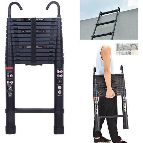 échelle télescopique de 5m avec crochet détachable, adaptée à l'escalade de grenier/toit / usage de bureau / travaux de construction, échelle rétractable en aluminium, portant 150 kg (noir)