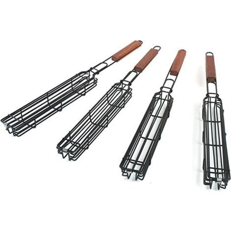 Lot de 4 paniers de barbecue avec grille verrouillable à long manche en bois - Antiadhésifs - En acier inoxydable - Pour barbecue,poissons,légumes,saucisses,oignons (1/5)