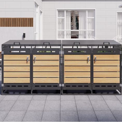 Contenitore per rifiuti a 4 scomparti 262x79x116 cm, coperchio idraulico, ventilazione, ferro nero (1/5)