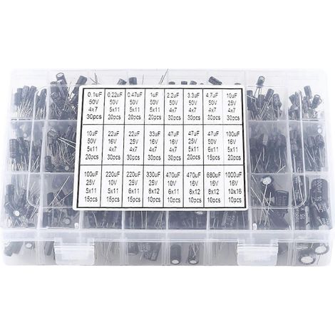 500 Stück Aluminium-Elektrolytkondensatoren, 24 Werte, Sortiment, 10 V  50 V, 0,1 µF bis 1000 µF