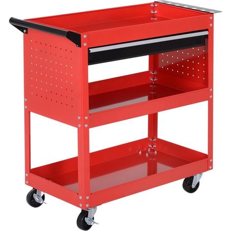 Coffre à outils, chariot à outils, boîte à outils, 3 niveaux, 4 roues, 82 cm x 35 cm x 76 cm, rouge (1/3)