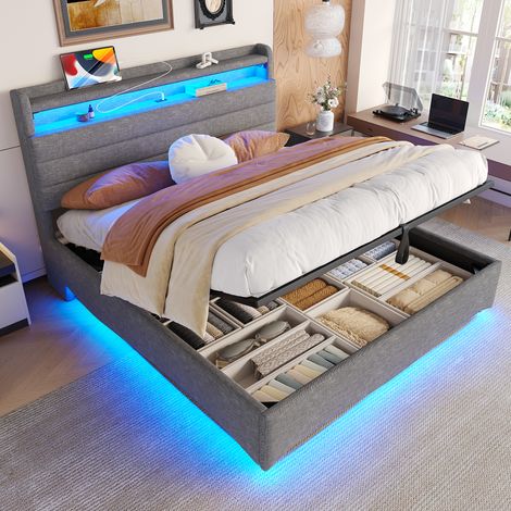 Bett mit Stauraum Leinen Grau 140x200 cm mit LED-Beleuchtung, USB-C/USB und hydraulischem Lattenrost