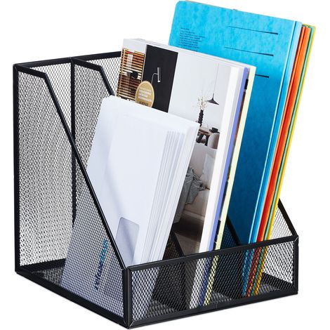 Relaxdays Magazine File, A4, 3 Compartments, Mesh Design, 26 x 24 x 26 cm, Office Storage, Document Holder, Metal, Black