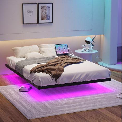 Cama 140x200 cm negra de metal con iluminación LED, estación de carga y somier de láminas (1/5)