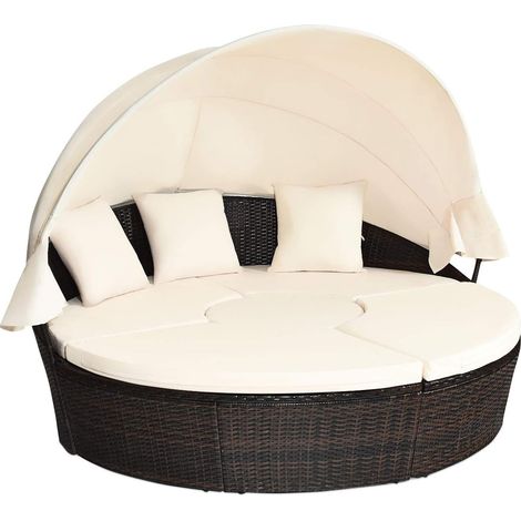 COSTWAY Rattan Sonneninsel mit faltbarem Sonnendach, Polyrattan Lounge Set inkl. Kissens & höhenverstellbarem Couchtisch, Outdoor Sonnenliege Gartenliege, für Garten Terrasse Veranda (Beige) (1/5)