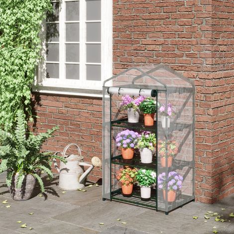 Mini-Gewächshaus mit Kunststoffauskleidung und Stahlrahmen, Pflanzengewächshaus mit 3 Regalböden und Flügeltür, 69 x 49 x 125 cm, transparent