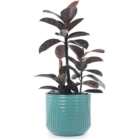 Pot de fleur en céramique turquoise brillant Ø 42 cm, grand cache-pot artisanal avec relief géométrique, trou de drainage, intérieur et extérieur CHICFURN (1/5)