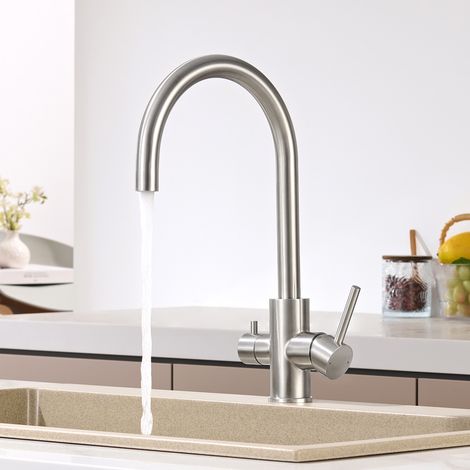 Grifo de cocina 3 vías acero inoxidable CECIPA MAX – Grifo osmosis con filtro de agua, 360° giratorio, doble mando y doble salida, cartucho cerámica, para ósmosis inversa (1/5)