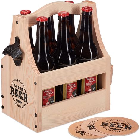 Porte-Bouteille en Bois, avec décapsuleur, 6 Bouteilles, Caisson, Cadeau pour la fête des pères, Nature (1/5)