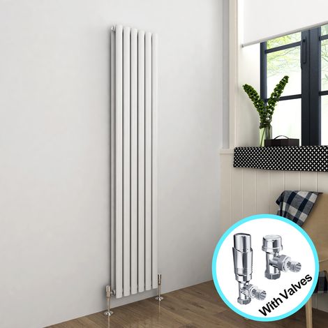 ELEGANT Vertical Radiator 1800 x 354mm Double Panel Designer White Oval Column Heating Rad with Chrome Thermostatic Radiator Valves (1/5)