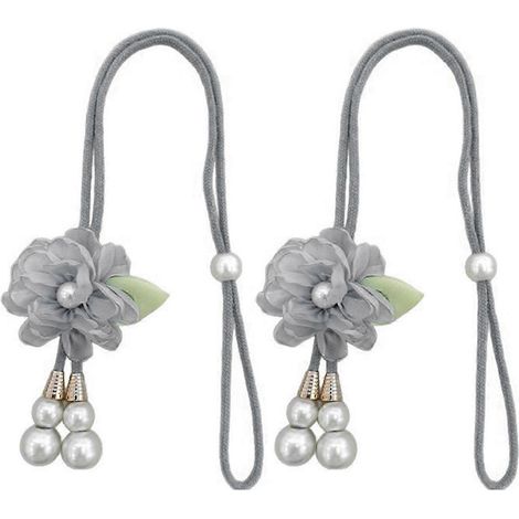 Lot de 2 embrasses décoratives pour rideaux, ornées de perles et de fleurs, grises, pour salon et chambre. (1/5)