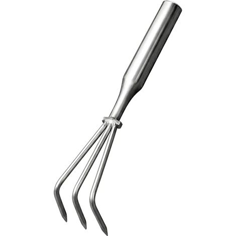Râteau de jardin manuel (3 griffes) en acier inoxydable, idéal pour les petites feuilles, avec arrache-mauvaises herbes intégré et durable, parfait pour planter des légumes. (1/5)