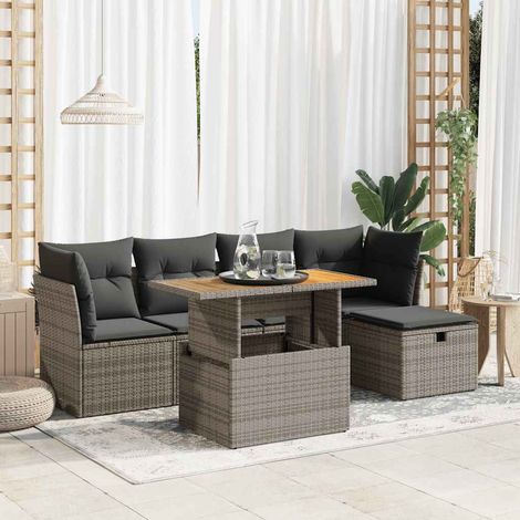 6-tlg. Garten-Sofagarnitur mit Kissen Grau Poly Rattan Akazie vidaXL (1/5)