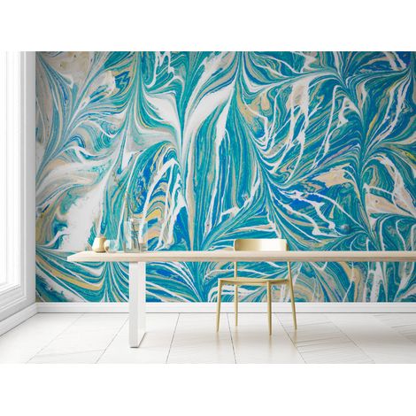 Papier Peint Artistique - Coups de pinceau verts et blancs - 150 x 250 cm (1/2)