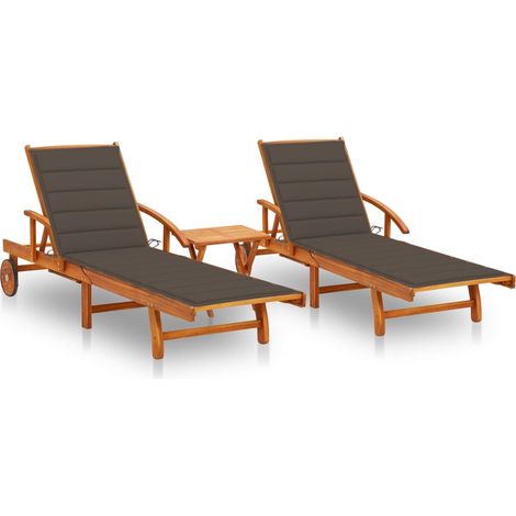 Sonnenliegen 2 Stk. mit Tisch und Auflagen Massivholz Akazie