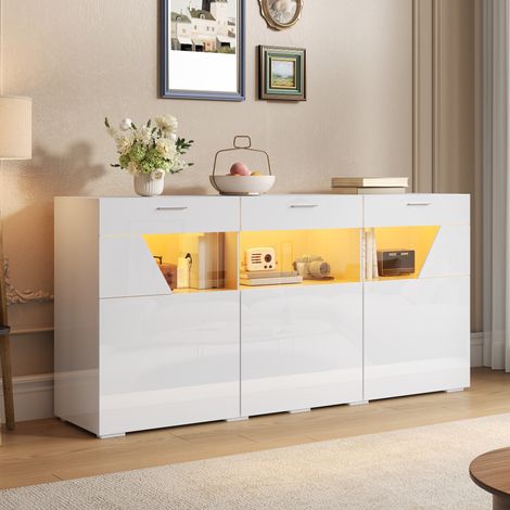 Aparador blanco de 160 cm con 3 puertas, cristal y LED controlado por app - CHICFURN (1/5)