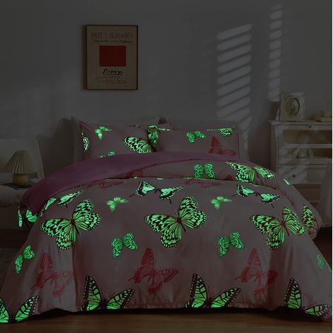 Parure de lit en Microfibre avec Motif Papillon 135 x 200 cm Rose pour Fille et Femme Brillant dans Le Noir Housse de Couette avec taie d'oreiller 80 x 80 cm (1/5)