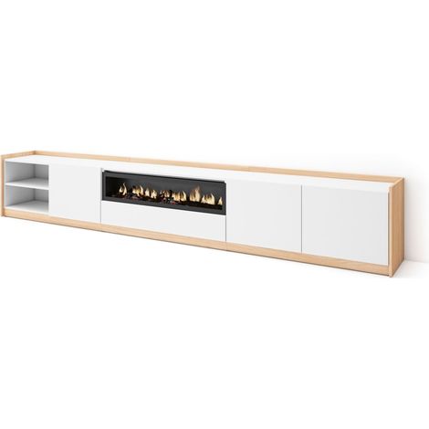 Skraut Home - Mobile TV Soggiorno, 310x37x50cm, Per TV fino a 80", Camino elettrico, Bianco e Rovere soft (1/5)