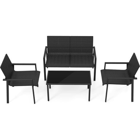 COSTWAY Salon de Jardin 4 Pièces en Osier Charge 150-300KG, Ensemble de Meubles de Patio avec Cadre en Métal Galvanisé et Table Basse en Verre Trempé pour Patio Balcon Terrasse (Noir) (1/5)