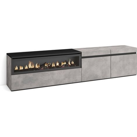 Skraut Home – Meuble TV moderne avec cheminée électrique – Grand espace de rangement 200x35x45cm – Pour TV jusqu'à 80" – Couleur gris ciment (1/5)