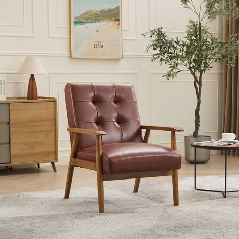 DESMIU Fauteuil Lounge avec Dossier à Coutures Pull-Point et Structure Stable, en Cuir, Bois et PVC, Marron (1/5)