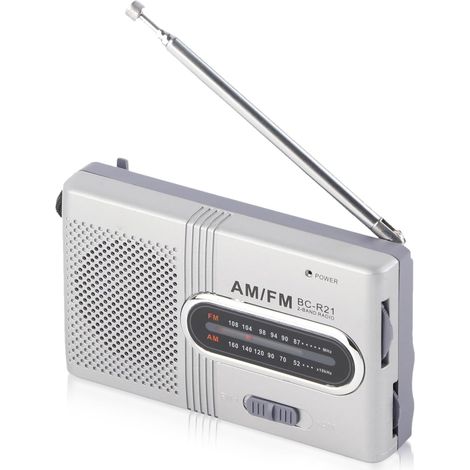 Mini radio portátil AM/FM, altavoz integrado con antena retráctil y conector estándar para auriculares, color plata. (1/5)