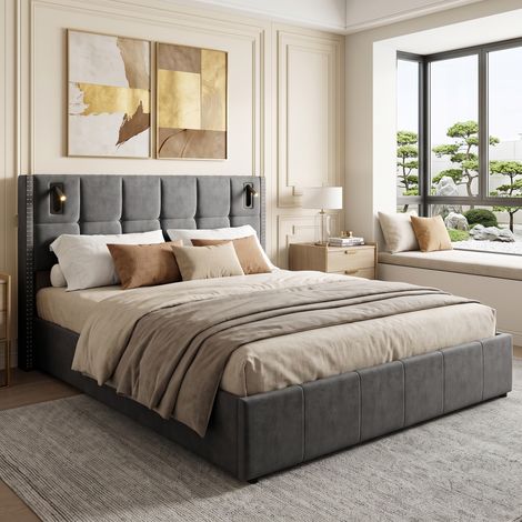 Superaly Lit Coffre pour Adultes 160x200 cm, Rangement Barométrique, Tête de Lit avec Lampe de Lecture, Garniture de Clous en Acier sur les côtés de la Tête de Lit, Sommier à Lattes, Velours, Gris (1/5)