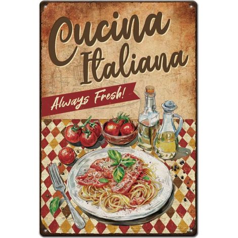 Plaque Metal Vintage Cucina Italiana Plaque Decorative Metal Amusante pour Spaghettis Toujours Fraîche Plaque Murale Decorative pour la Maison la Cuisine les Restaurants les Cafés Bars Pubs (1/5)