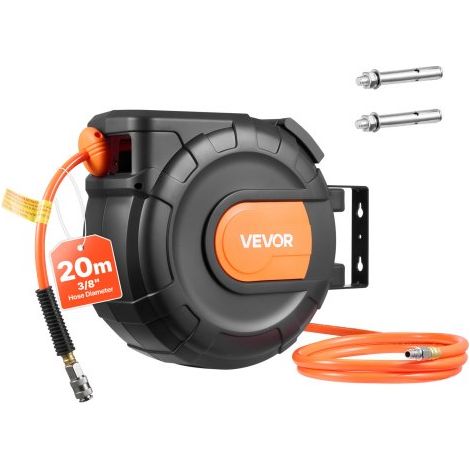 Carrete de Manguera de Aire Retráctil 20 m x 9,5 mm, Manguera para Compresor de Aire Presión Máxima de 300 PSI, con Entrada de 2 m, Montaje en Techo o Pared Giratorio de 180°, para Garaje (1/5)