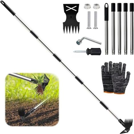 Désherbeur manuel à long manche 180 cm, Râteau manuel et houe de jardin 2 en 1, Extirpeur de mauvaises herbes à long manche, Houe multifonctionnelle pour jardinage, Cour, Terrain de jeu, Terrasse