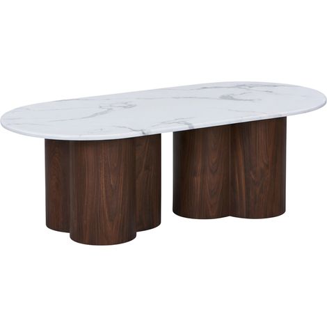 JASMINA - Table basse ovale en marbre composite pieds couleur bois foncé 120 cm