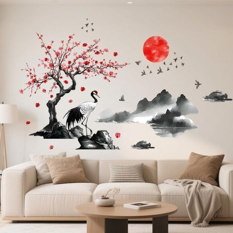 Stickers Muraux Grand Autocollant Mural Chinois Style Feng Shui à l'encre Arbre Fleur Grue Soleil Montagne Sticker Mural pour Salon Chambre à Coucher Décoration Murale (1/5)