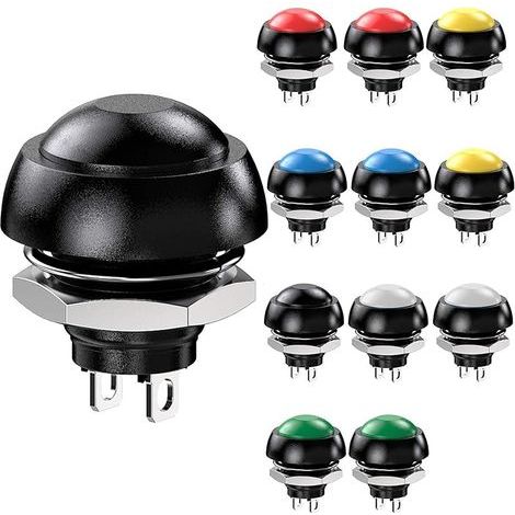 12pcs 12mm Étanche Momentané Bouton Poussoir SPST on/Off 3A/3V-5V-9V-12V-24V-230VAC, Déblocable Rond Bouton,pour Trompette de Voiture, PC, Lampe de Table, Sonnette de Maison (1/5)
