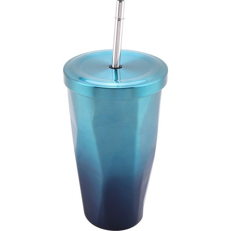 Tasse À Café Sous Vide En Acier Inoxydable 304 Forme Diamant Avec Paille Usage Quotidien Bleu Dégradé (1/5)