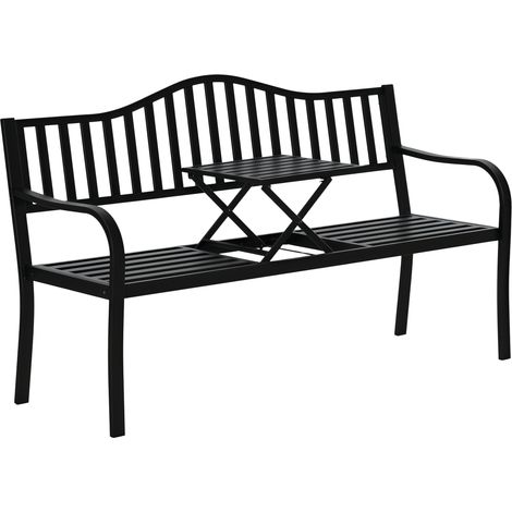 Beyamis Dreisitzer-Gartenbank mit Lattenrost und klappbarem Tisch, Metall, 150 x 58,5 x 90 cm, Schwarz