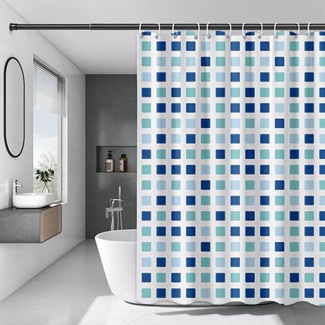 Rideau de Douche Carré 86x200cm Extra Long Bleu Vert, Imperméable, en Tissu Polyester, Lavable en Machine Avec Crochets Pour Salle de Bain, Maison, Hôtel (1/5)
