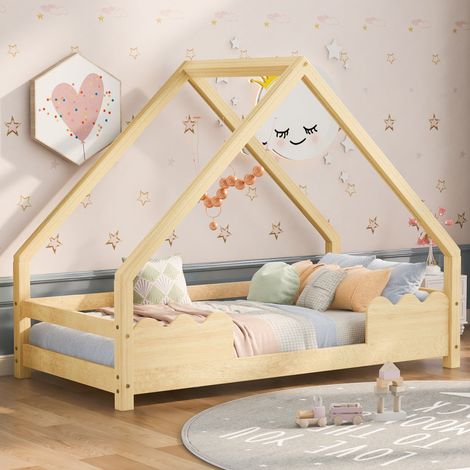 Cama infantil 90 x 200 cm con barrera de seguridad, en pino natural HAVRYA