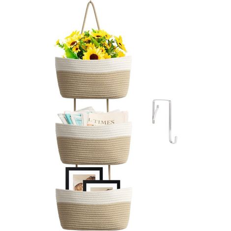 Cesta colgante para puerta TeoKJ, cesta de almacenamiento de pared de algodón tejido de 3 niveles, cestas colgantes decorativas para la cocina – Blanco + Yute (1/5)