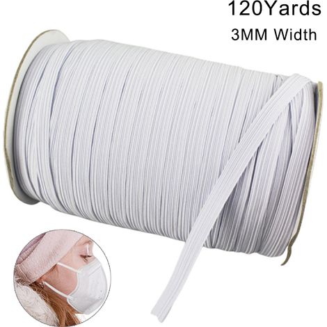 Corde élastique blanche extensible de 120 yards (110 mètres) à couper, 3 mm, idéale pour les bandeaux de cheveux, les encolures et les manches.