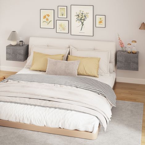 Conjunto de 2 mesas cabecera suspendidas modernas y envolventes con 2 cajones, 40 x 29 x 30 cm, hormigón gris