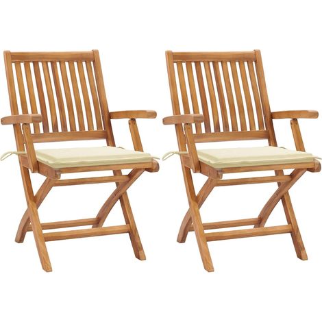 vidaXL Sillas plegables (2 unidades) con cojines color crema, de madera maciza de teca. (1/4)