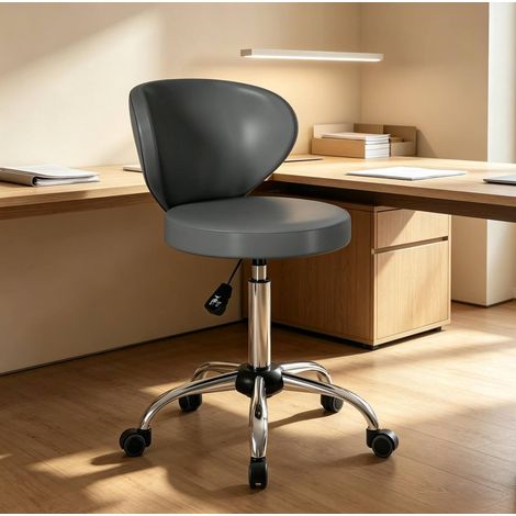 Sgabello girevole 360° in PU grigio con schienale e altezza regolabile 73-88 cm OKWISH (1/5)